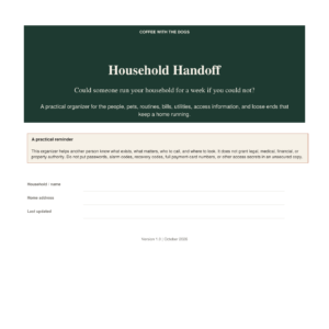 Cover of The Household Handoff 24-page printable organizer from Coffee With the Dogs