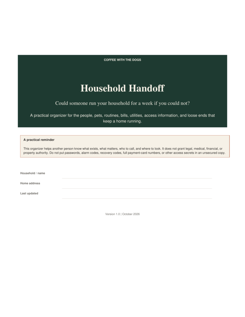 Cover of The Household Handoff 24-page printable organizer from Coffee With the Dogs